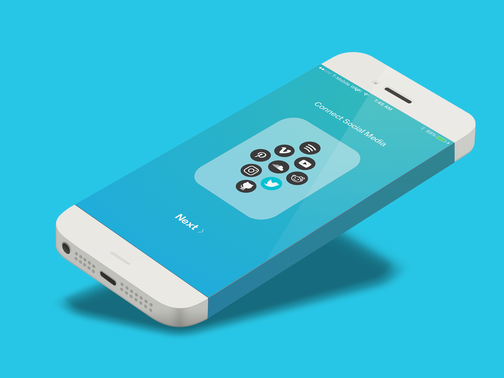 Pixel art mockup of the Swap iOS app showing the Connect Social Media screen