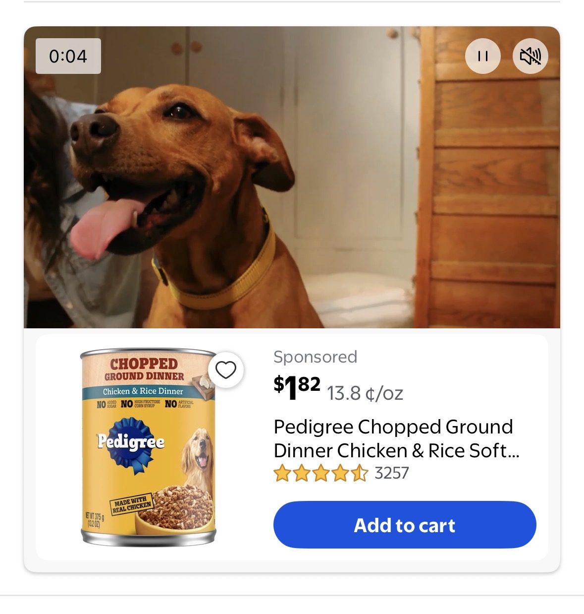 Walmart sponsored display video ad unit showing a Pedigree product with Add to cart